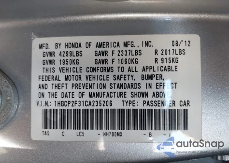 2012 Honda Accord 2.4 Lx z USA, uszkodzony, nr VIN 1HGCP2F31CA235206